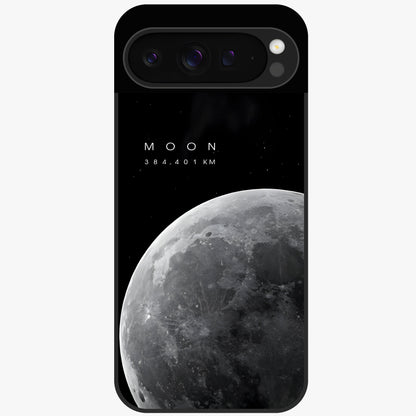 Cosmic Moon Glow Glass Case showing flat back view with glowing moon artwork and glossy glass finish.