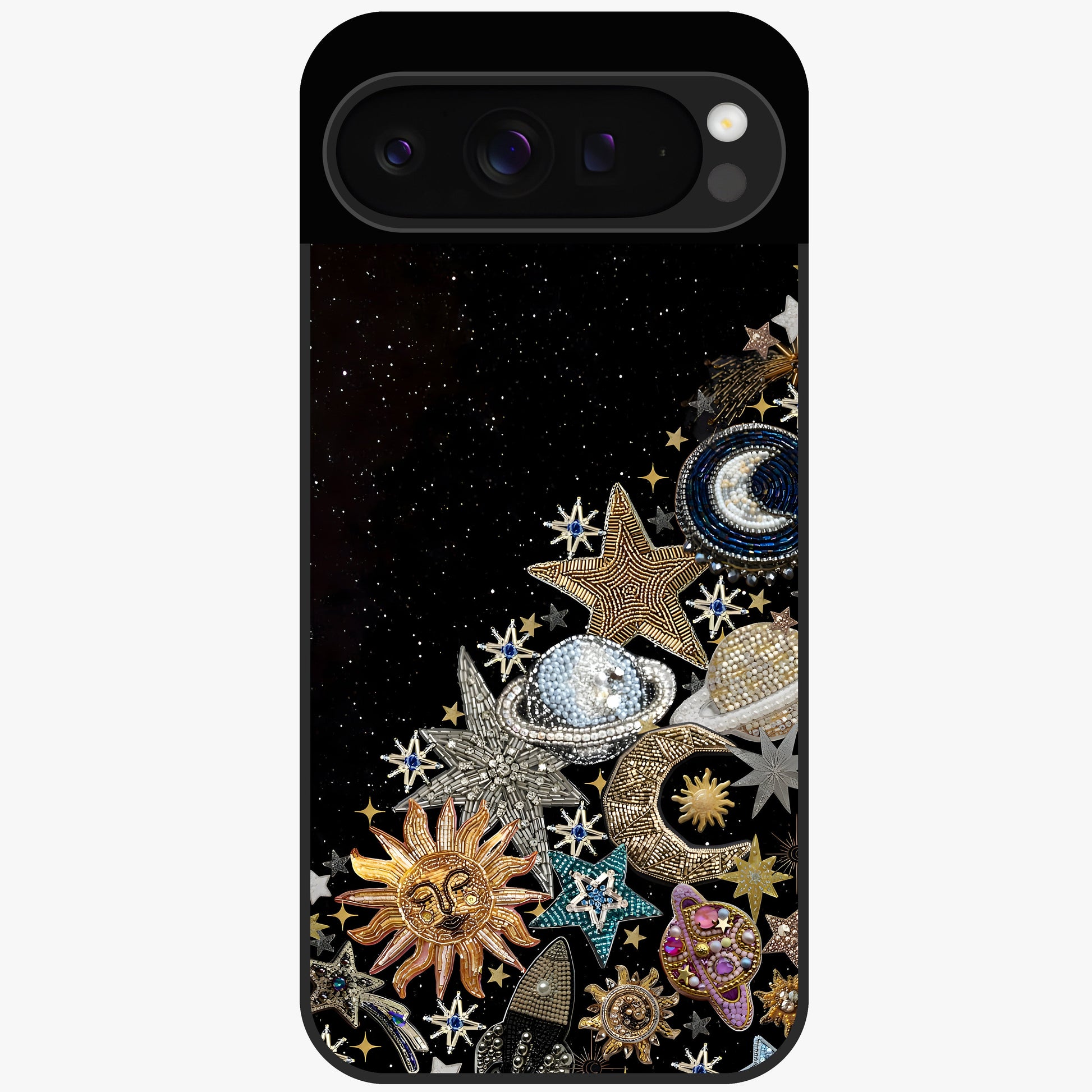 Cosmic Sparkle Dreams Glass Case showing flat back view with sparkling cosmic artwork and glossy glass finish.