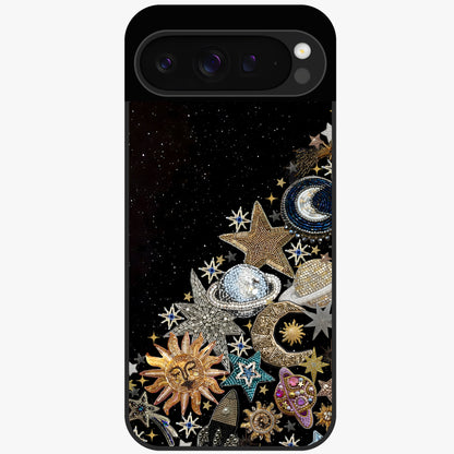 Cosmic Sparkle Dreams Glass Case showing flat back view with sparkling cosmic artwork and glossy glass finish.