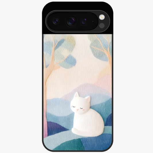 Cotton Dream Cat Glass Case showing flat back view with soft dreamy cat artwork and glossy glass finish.