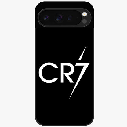 Cr7 Elite Strike Glass Case showing flat back view with dynamic football inspired artwork and glossy glass finish.