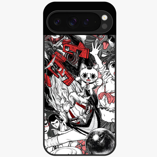 Crimson Chaos Panel Glass Case showing flat back view with bold crimson abstract artwork and glossy glass finish.