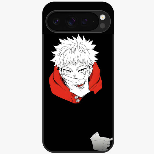 Crimson Chaos Smile Glass Case showing flat back view with bold chaotic smile artwork and glossy glass finish.
