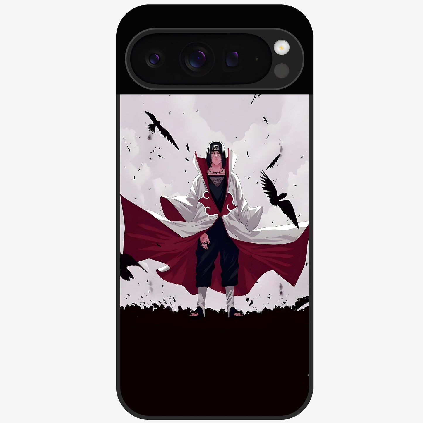 Crimson Crow Ascension Glass Case showing flat back view with mystical crow artwork and glossy glass finish.