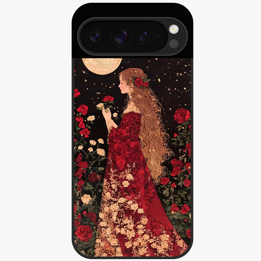 Crimson Dreams Glass Case showing flat back view with dreamy crimson artwork and glossy glass finish.