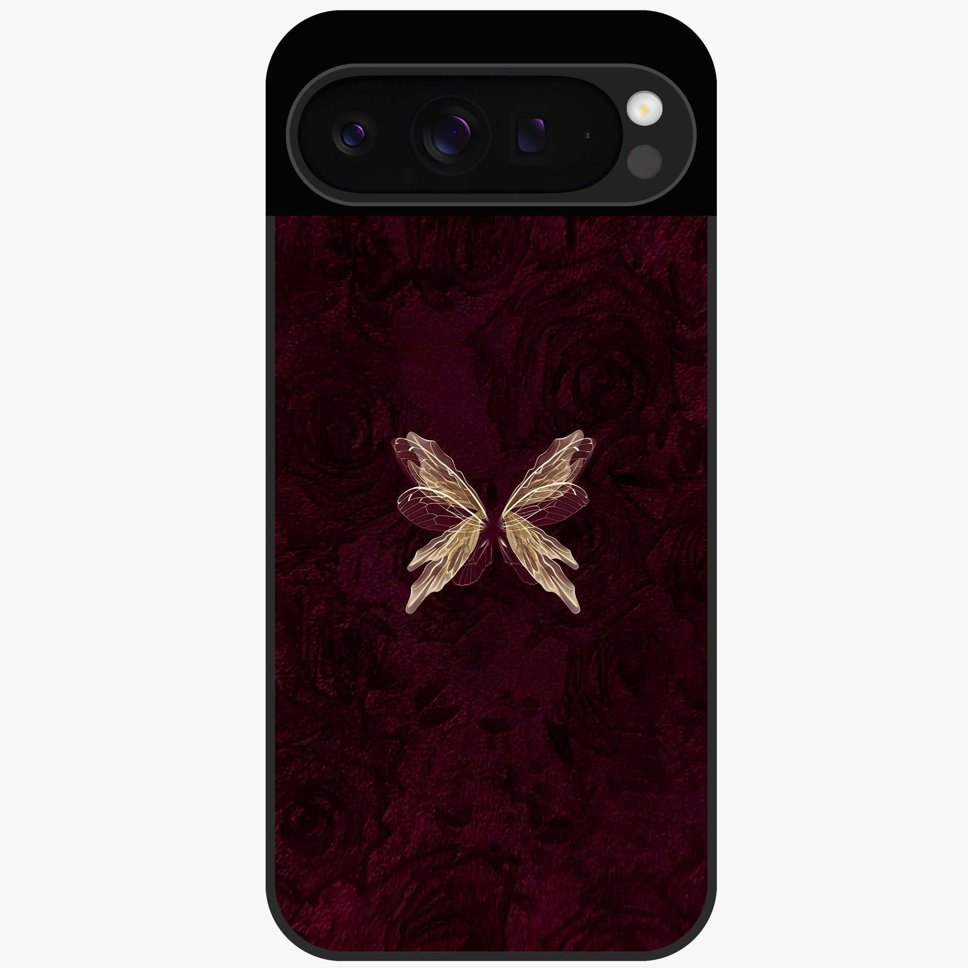 Crimson Fade Butterfly Glass Case showing flat back view with fading butterfly artwork and glossy glass finish.