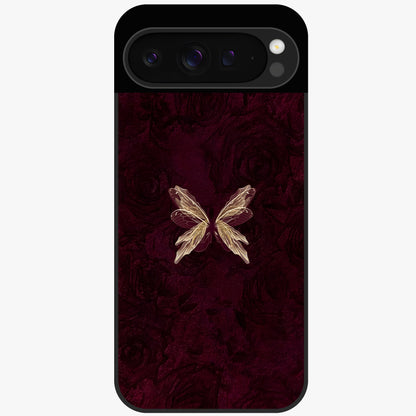 Crimson Fade Butterfly Glass Case showing flat back view with fading butterfly artwork and glossy glass finish.