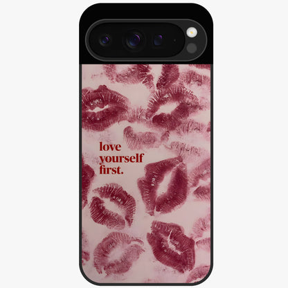 Crimson Kiss Love Glass Case showing flat back view with romantic crimson themed artwork and glossy glass finish.