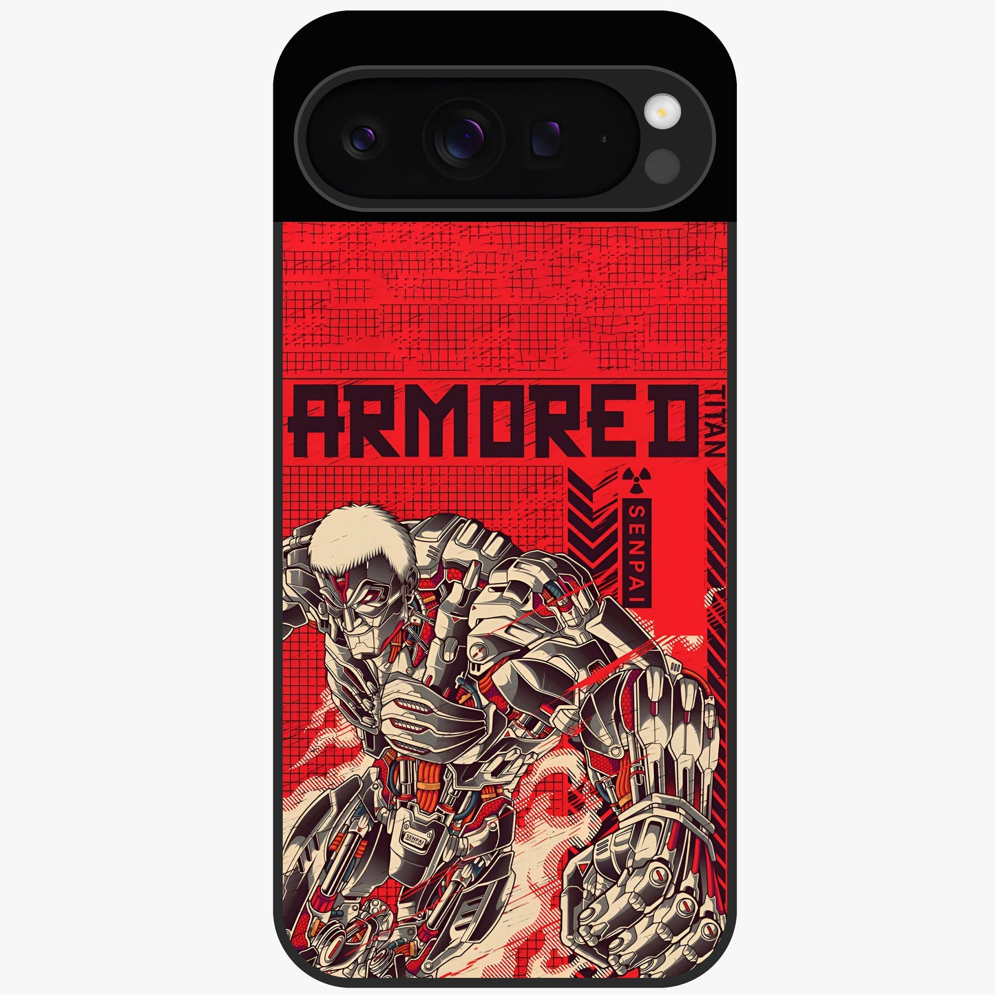 Crimson Mecha Titan Glass Case showing flat back view with powerful mech titan artwork and glossy glass finish.