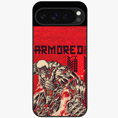 Crimson Mecha Titan Glass Case showing flat back view with powerful mech titan artwork and glossy glass finish.