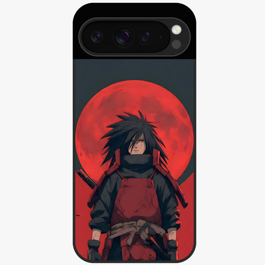 Crimson Moon Warlord Glass Case showing flat back view with mystical moon warrior artwork and glossy glass finish.