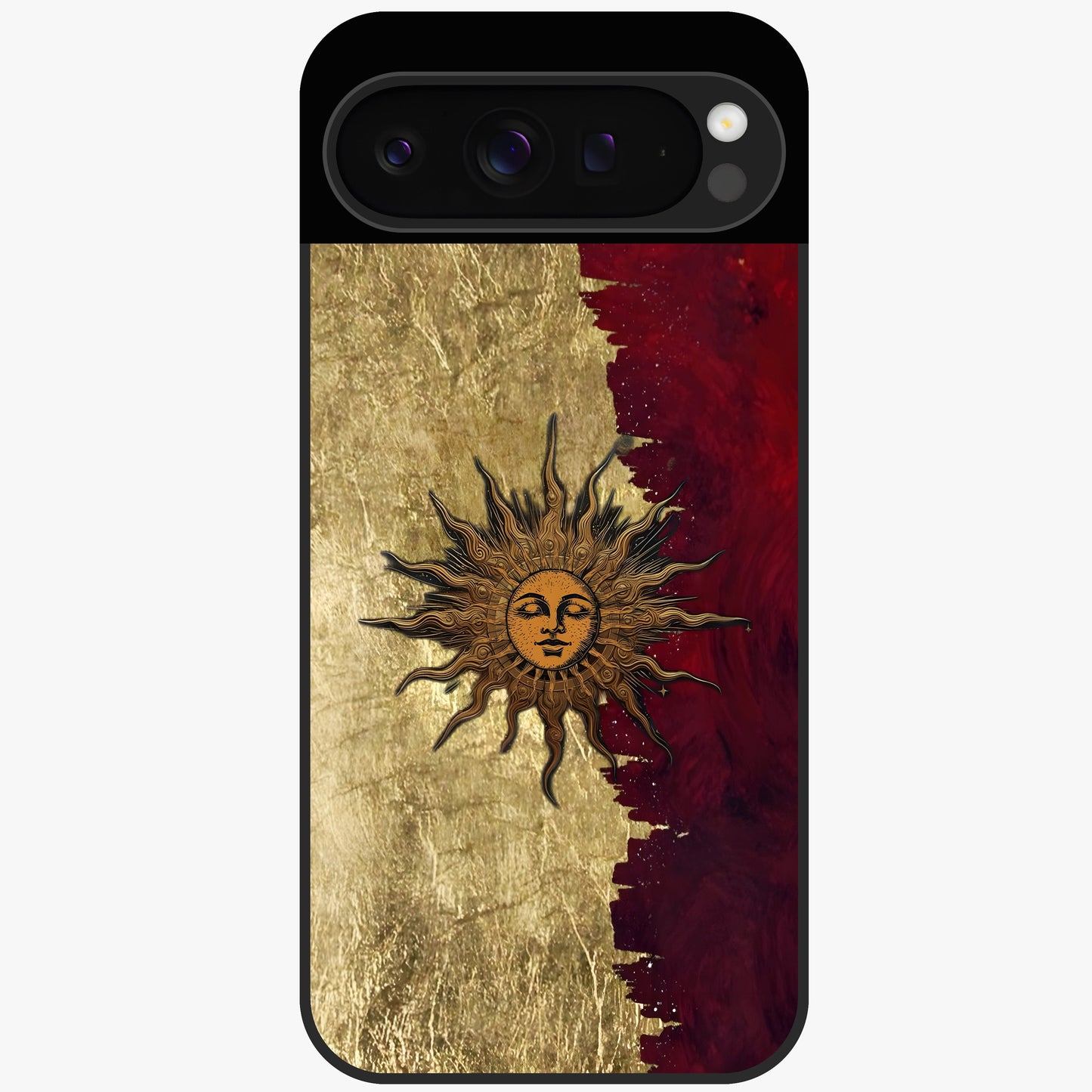 Crimson Sun Majesty Glass Case showing flat back view with radiant sun inspired artwork and glossy glass finish.
