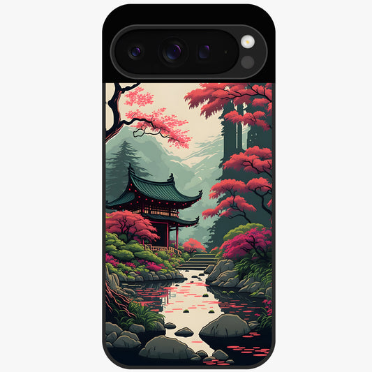 Crimson Temple View Glass Case showing flat back view with temple inspired artwork and glossy glass finish.