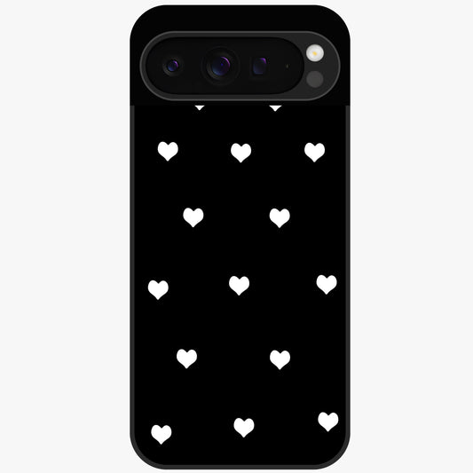 Cute And Simple White Hearts Glass Case showing flat back view with minimal white heart pattern and glossy glass finish.