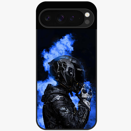Cyber Sentinel Protocol Glass Case showing flat back view with futuristic cyber themed artwork and glossy glass finish.