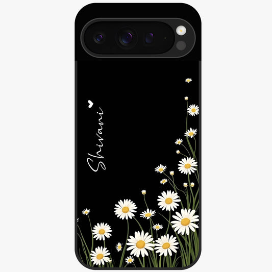Daisy Cascade Custom Name Glass Case showing flat back view with cascading daisy flowers and personalized name design.