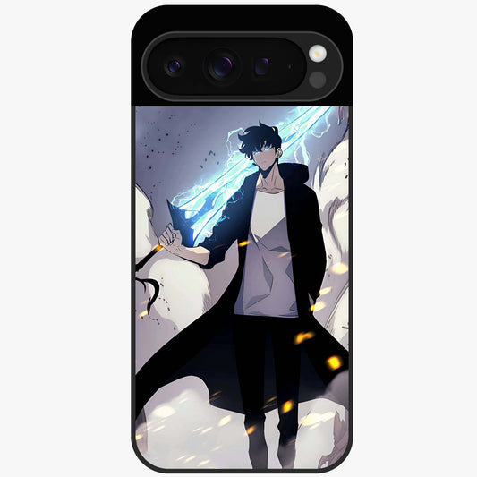 Dark Lightning Anime Warrior Glass Case showing flat back view with intense anime warrior artwork and glossy glass finish.