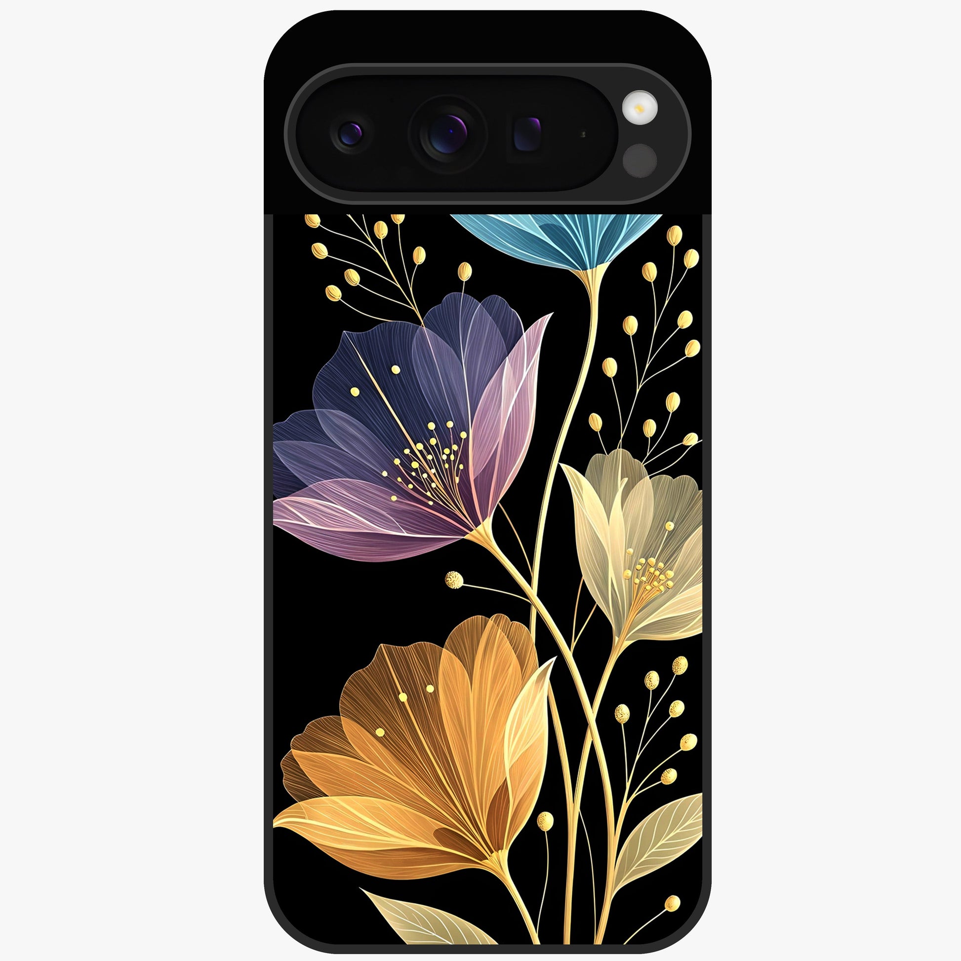 Delicate Multicolor Flowers Glass Case showing flat back view with vibrant floral artwork and glossy glass finish.