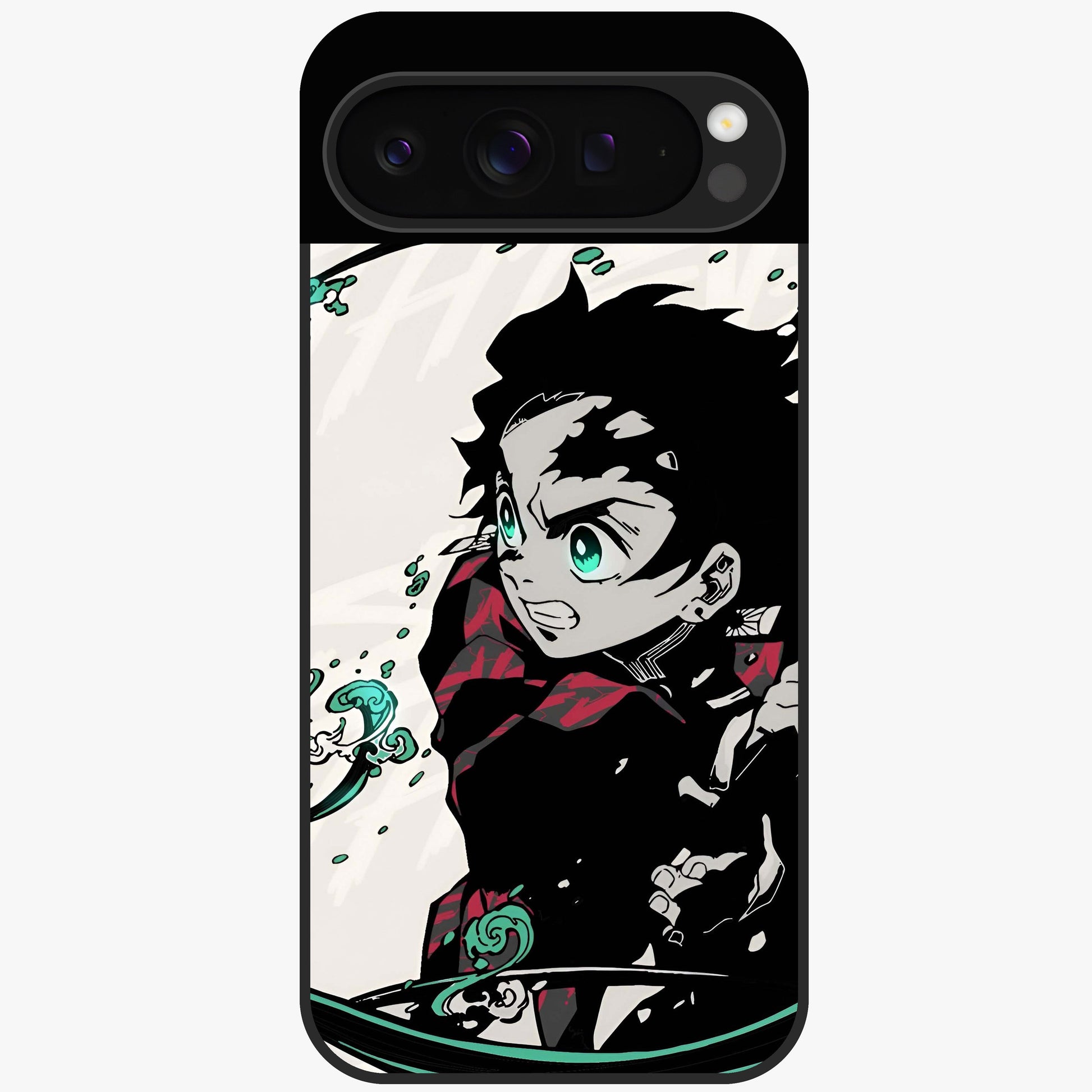 Demon Slayer Glass Case showing flat back view with bold anime inspired artwork and glossy glass finish.