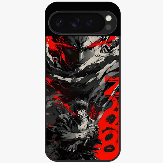 Demon Sword Resolve Glass Case showing flat back view with fierce sword warrior artwork and glossy glass finish.