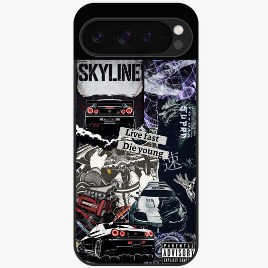 Die Young Glass Case showing flat back view with bold artistic typography design and glossy glass finish.