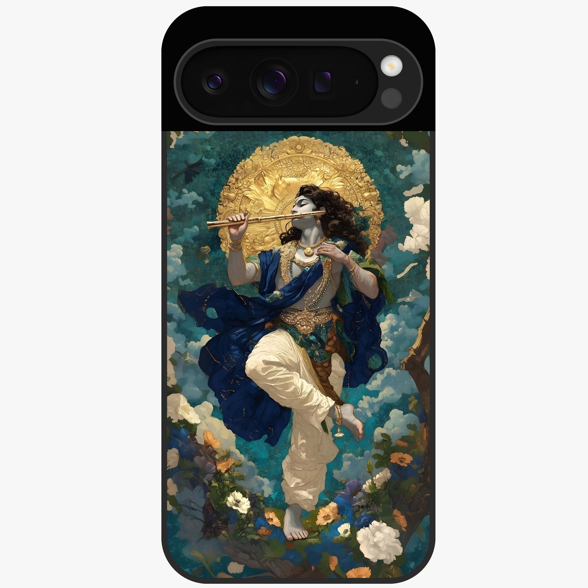 Divine Krishna Art Glass Case showing flat back view with Lord Krishna artwork and glossy glass finish.