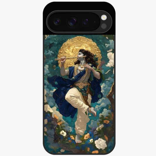 Divine Krishna Art Glass Case showing flat back view with Lord Krishna artwork and glossy glass finish.