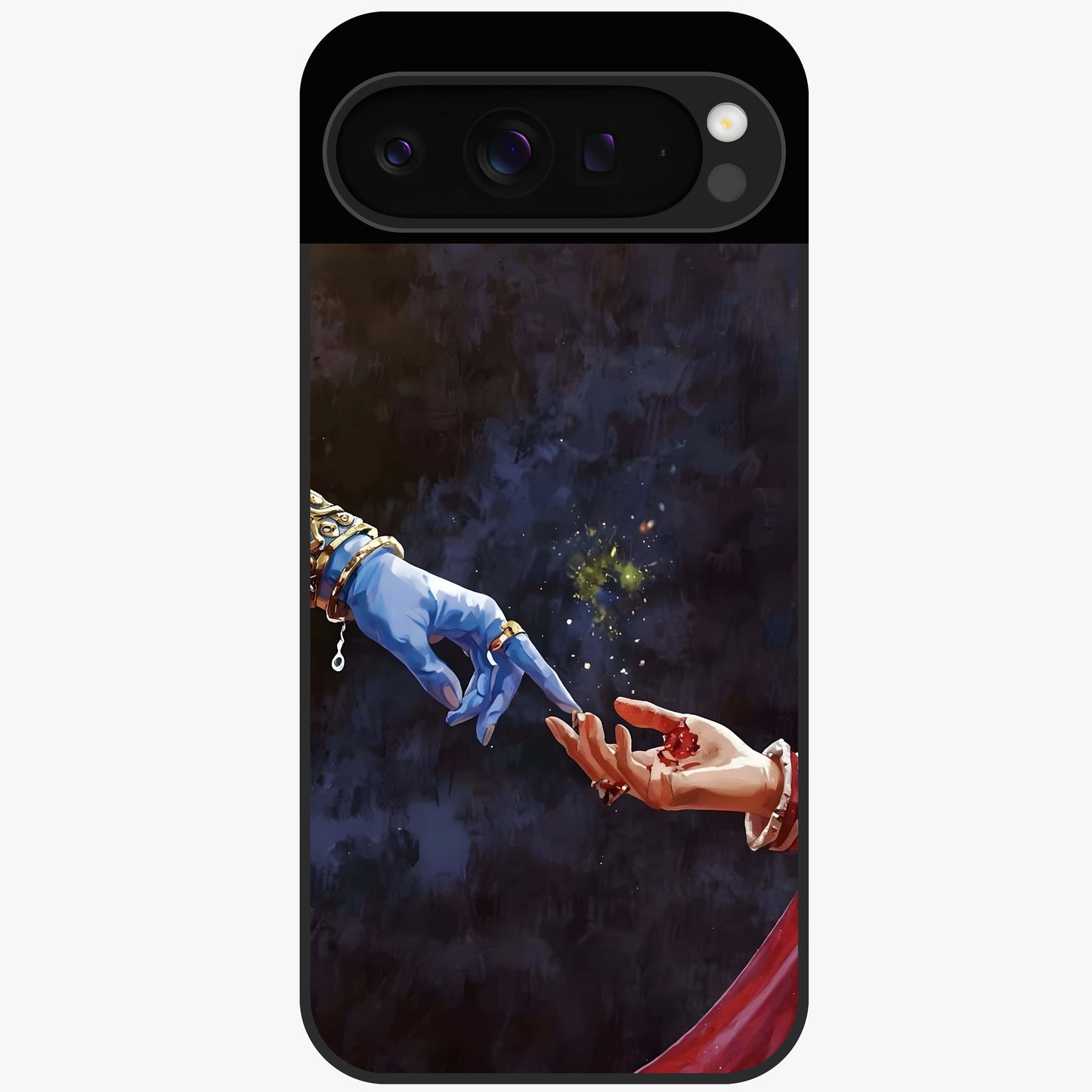 Divine Touch Eternal Glass Case showing flat back view with spiritual themed artwork and glossy glass finish.