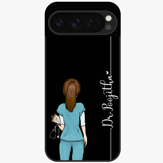 Doctor Pattern Custom Name Glass Case showing flat back view with medical themed pattern and personalized name design.