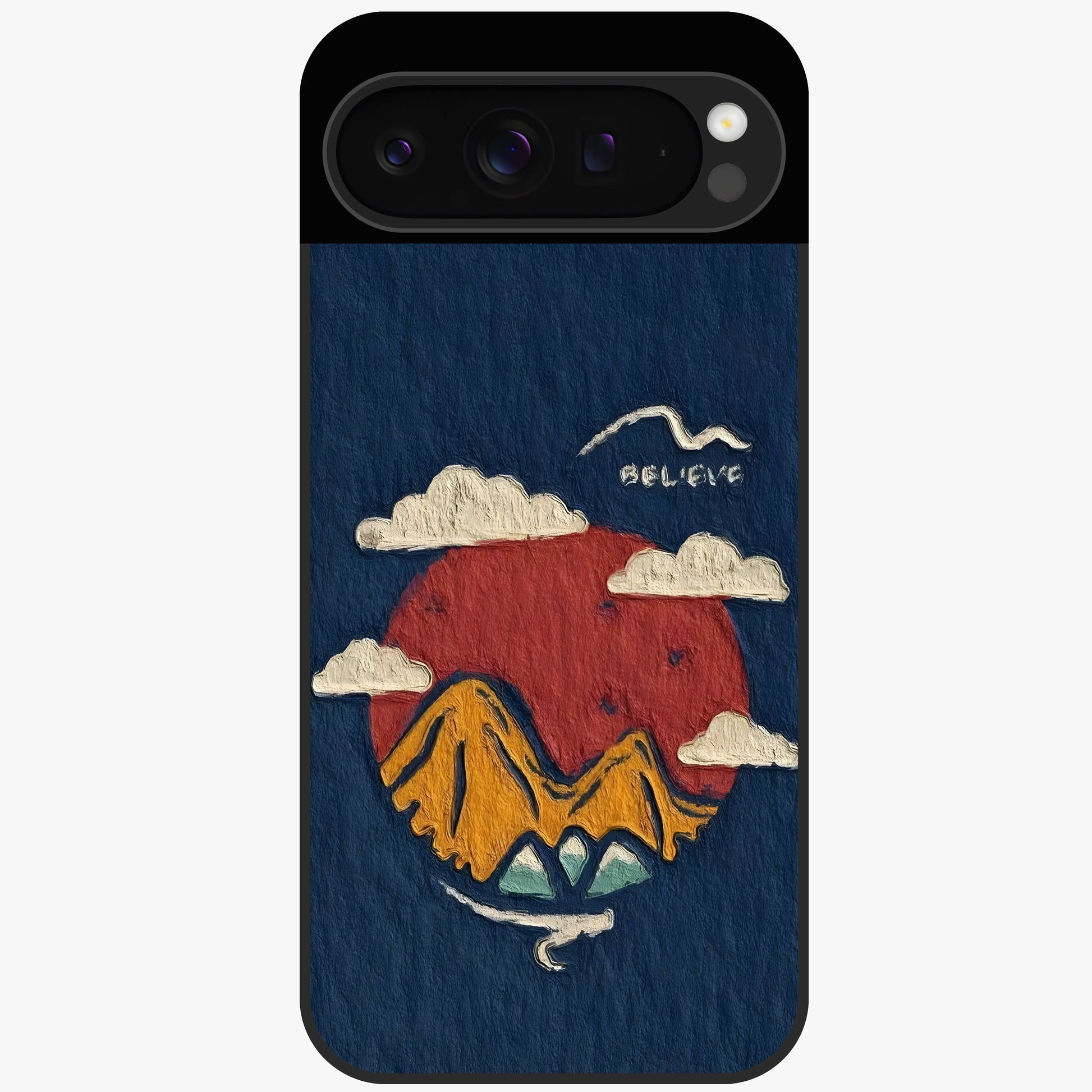 Dream Beyond Mountains Glass Case showing flat back view with scenic mountain landscape artwork and glossy glass finish.