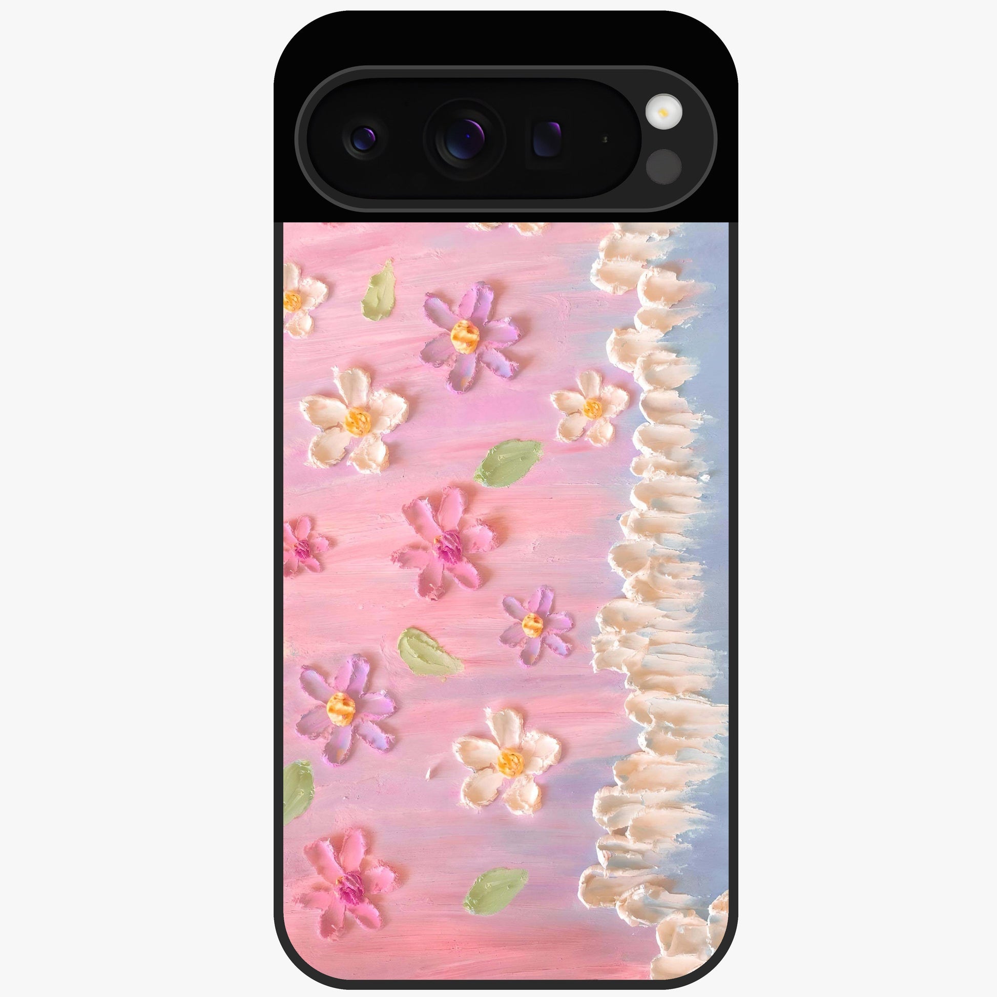 Dreamy Painted Garden Glass Case showing flat back view with artistic painted floral garden artwork and glossy glass finish.