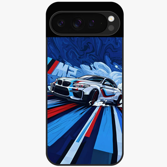 Drift Power Rush Glass Case showing flat back view with dynamic racing inspired artwork and glossy glass finish.