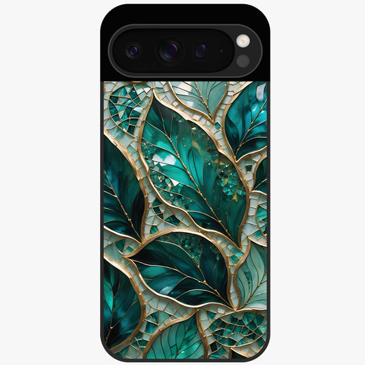 Emerald Leaf Glass Glass Case showing flat back view with emerald green leaf artwork and glossy glass finish.