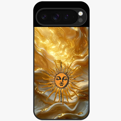Eternal Golden Glow Glass Case showing flat back view with radiant golden themed artwork and glossy glass finish.