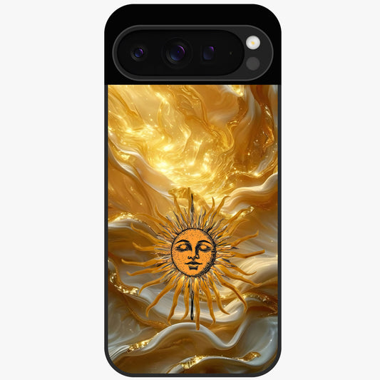 Eternal Golden Glow Glass Case showing flat back view with radiant golden themed artwork and glossy glass finish.
