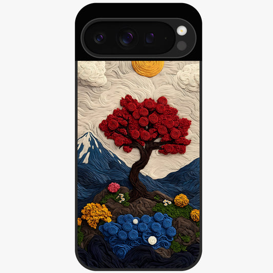 Eternal Nature Tapestry Glass Case showing flat back view with intricate nature tapestry artwork and glossy glass finish.