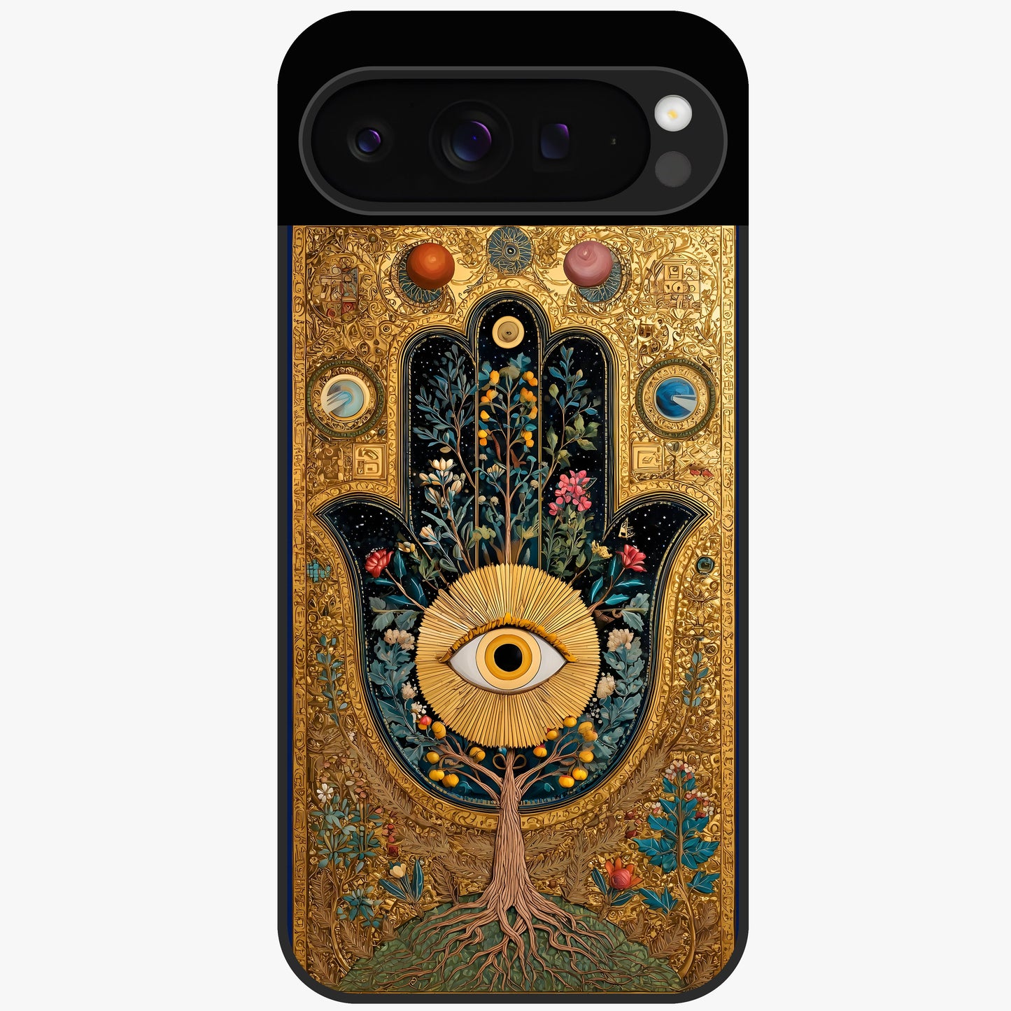Ethereal Evil Eye Glass Case showing flat back view with mystical evil eye artwork and glossy glass finish.