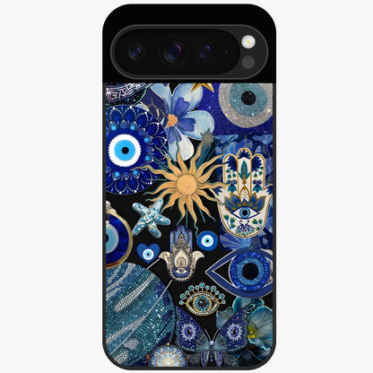 Evil Eye Charm Mix Glass Case showing flat back view with multiple evil eye charms artwork and glossy glass finish.