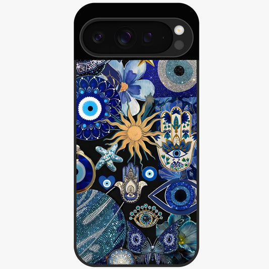 Evil Eye Charm Mix Glass Case showing flat back view with multiple evil eye charms artwork and glossy glass finish.