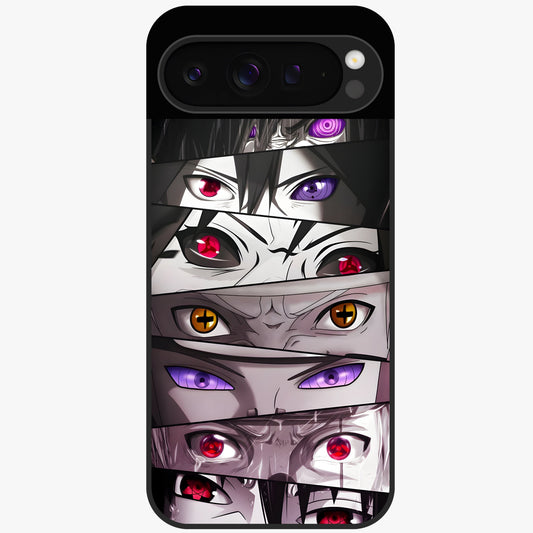 Eyes of Destiny Glass Case showing flat back view with striking eye themed artwork and glossy glass finish.
