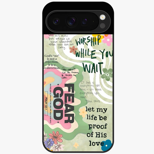 Faith Over Fear Glass Case showing flat back view with motivational typography artwork and glossy glass finish.