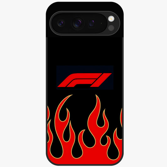 Fire F11 Glass Case showing flat back view with fiery themed artwork and glossy glass finish.