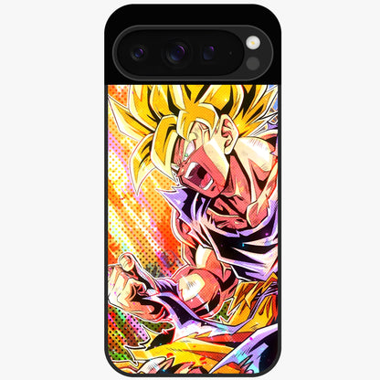 Firing Goku Glass Case showing flat back view with powerful anime inspired artwork and glossy glass finish.