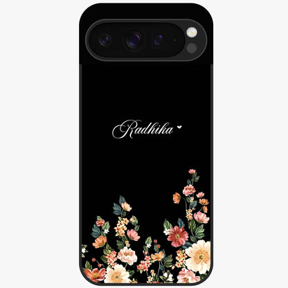 Floral Design With a Custom Personalized Name Glass Case showing flat back view with floral artwork and personalized name design.