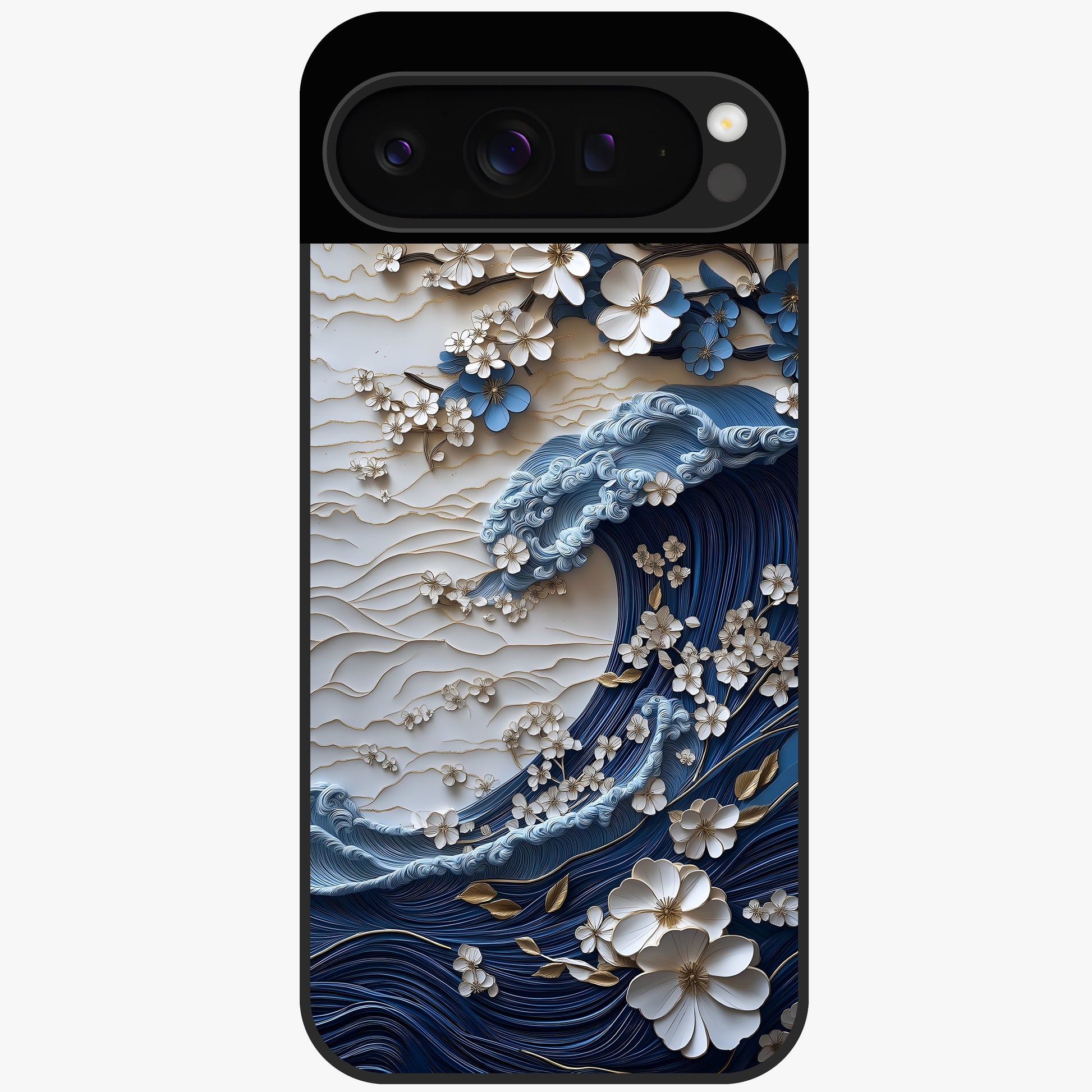 Floral Wave Origami Glass Case showing flat back view with origami inspired floral wave artwork and glossy glass finish.