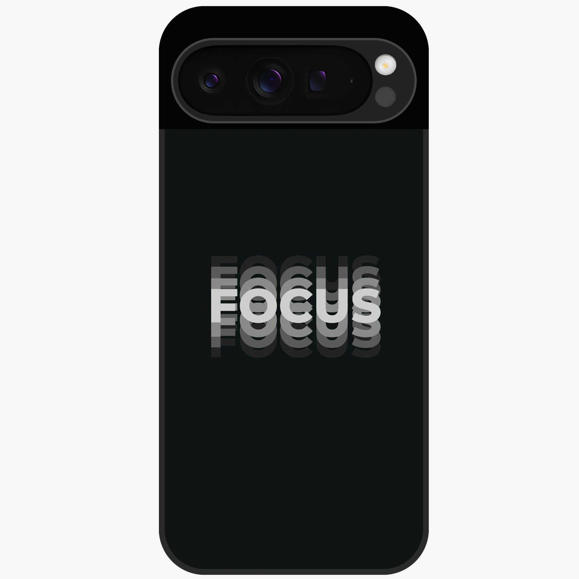 Focus Mode On Glass Case showing flat back view with bold motivational typography design and glossy glass finish.
