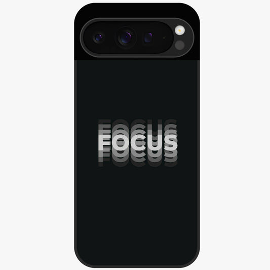 Focus Mode On Glass Case showing flat back view with bold motivational typography design and glossy glass finish.