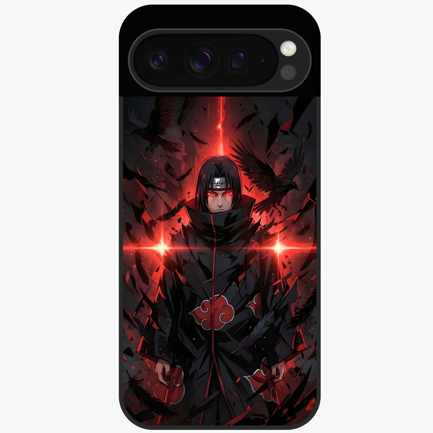 Focused Blade Discipline Glass Case showing flat back view with warrior sword themed artwork and glossy glass finish.
