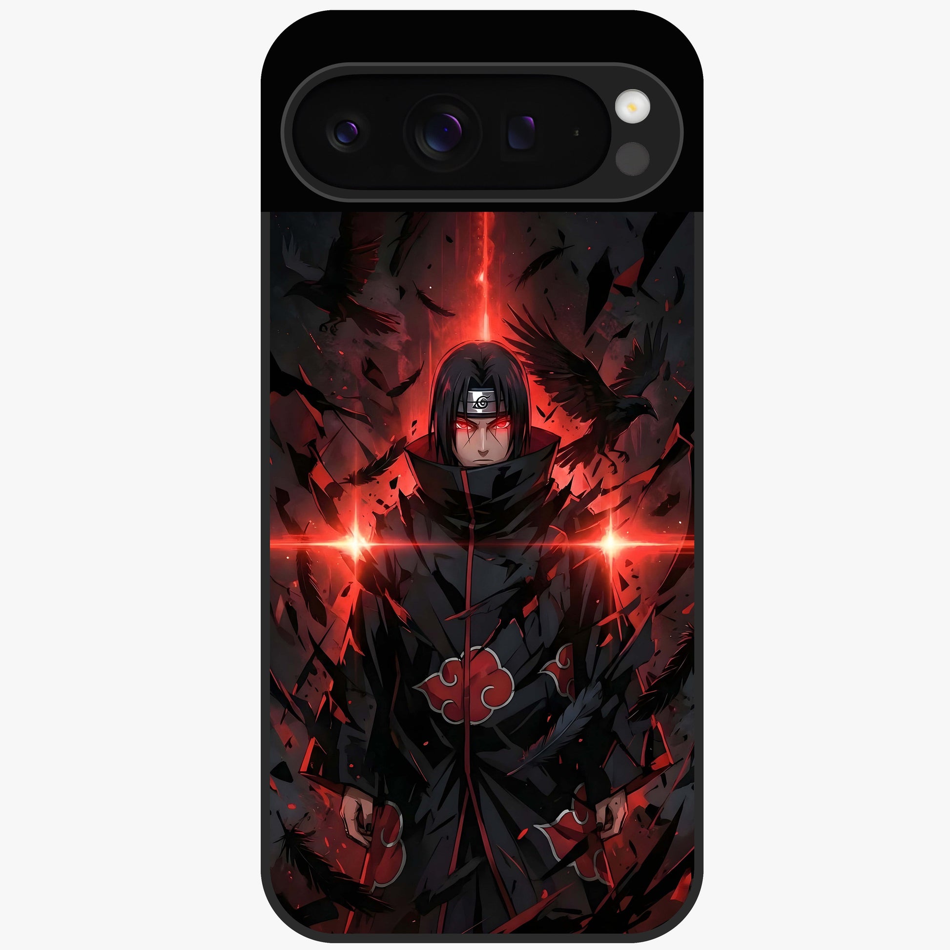 Focused Blade Discipline Glass Case showing flat back view with warrior sword themed artwork and glossy glass finish.