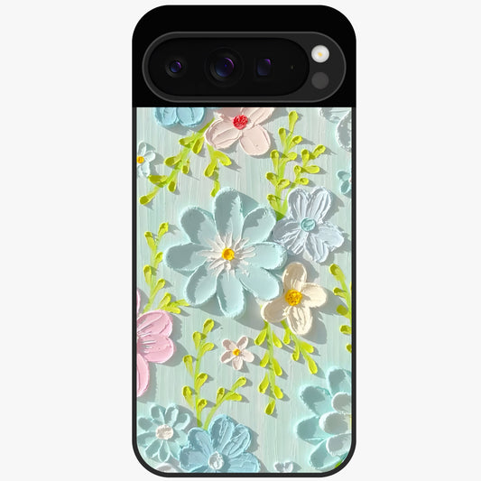 Frosted Petal Garden Glass Case showing flat back view with soft frosted floral artwork and glossy glass finish.